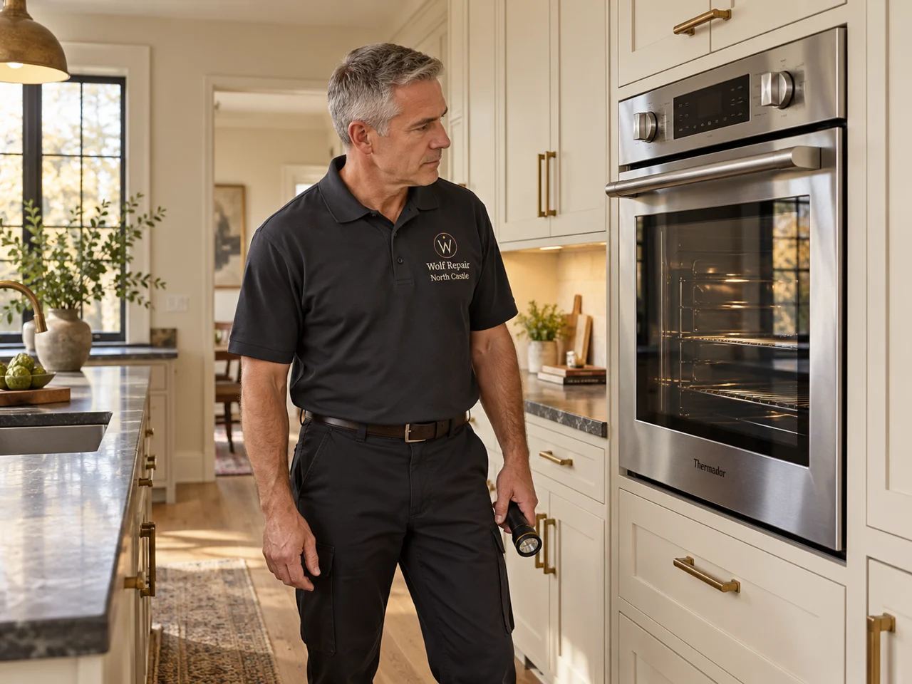 Illustration of a technician wearing the Wolf Repair North Castle logo beside a Thermador oven