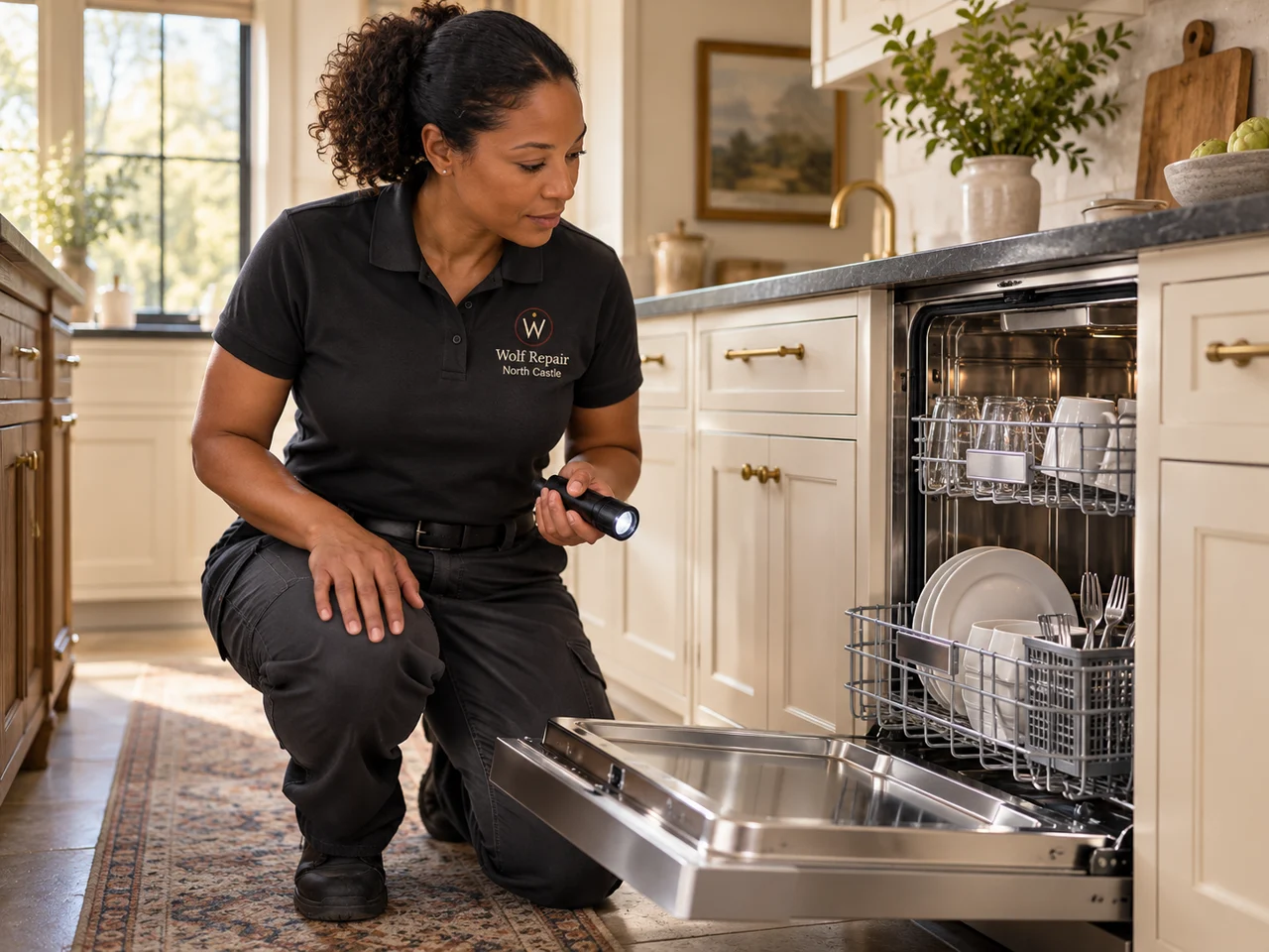 Illustration of a technician wearing the Wolf Repair North Castle logo beside a Thermador dishwasher